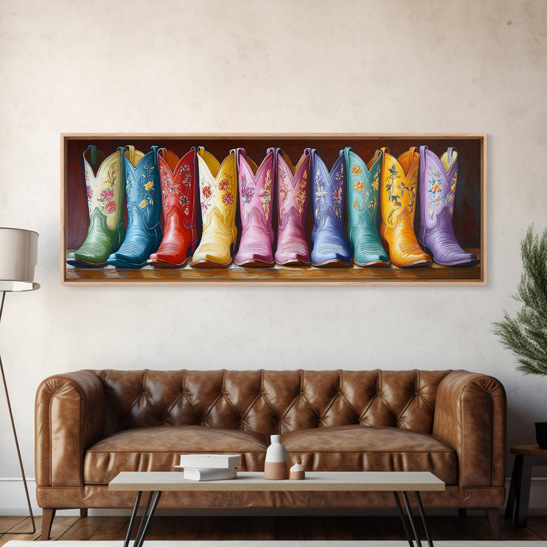 Tall Embroidered Cowboy Boots Framed Canvas Print, Colorful Western Wall Decor, Rustic Ranch Art, Boho Cowgirl Gift, Living Room Art
