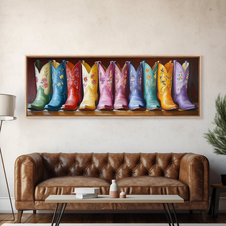 Tall Embroidered Cowboy Boots Framed Canvas Print, Colorful Western Wall Decor, Rustic Ranch Art, Boho Cowgirl Gift, Living Room Art