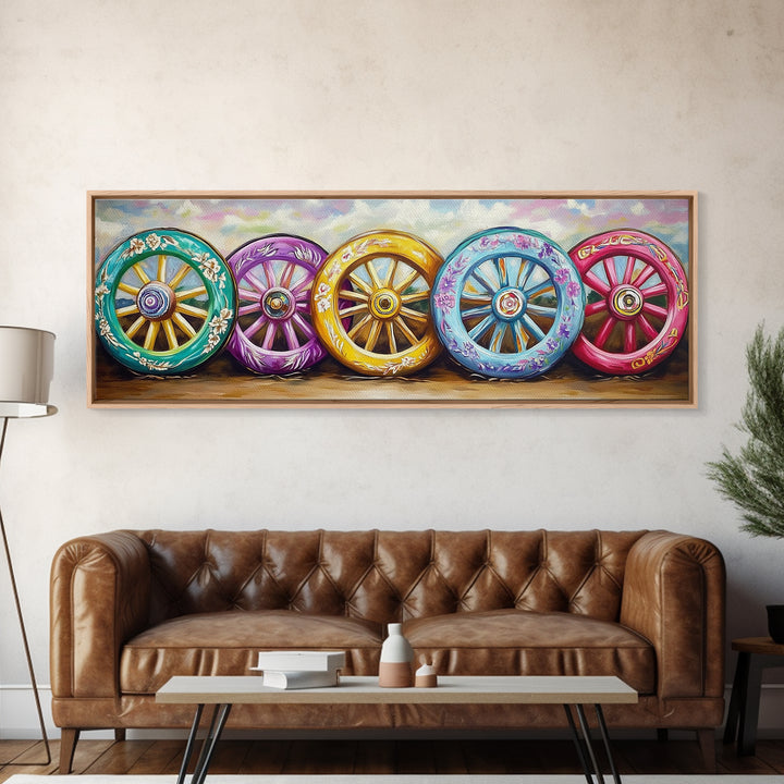 Painted Wagon Wheels Framed Canvas Print, Colorful Western Wall Decor, Rustic Ranch Art, Farmhouse Living Room Gift, Housewarming Gift