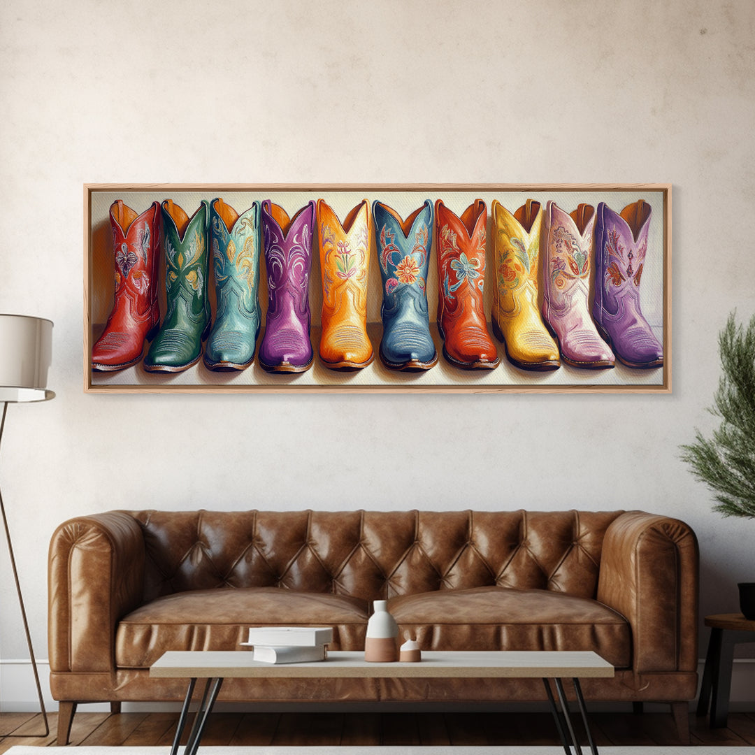 Colorful Embroidered Cowboy Boots Wall Art, Western Cowgirl Decor, Rustic Farmhouse Canvas, Vibrant Entryway Art Print Gift