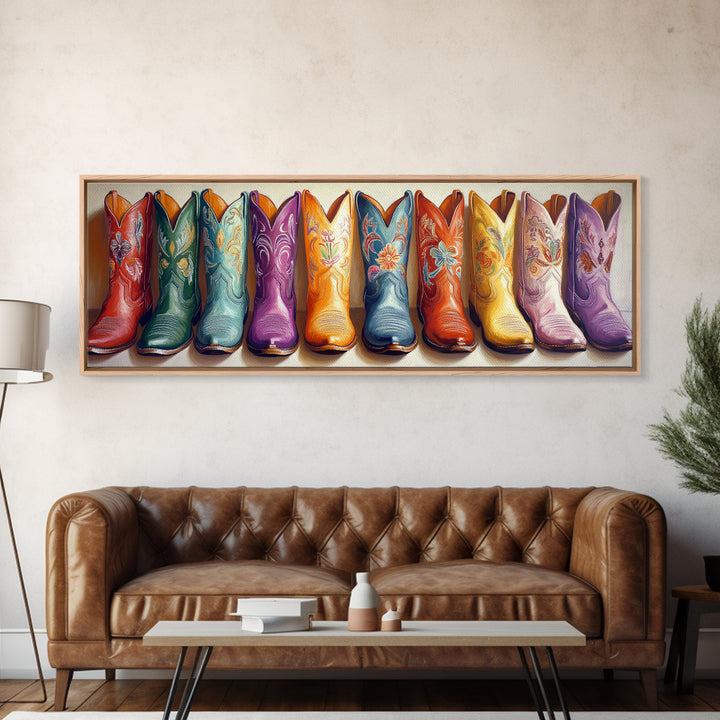 Colorful Embroidered Cowboy Boots Wall Art, Western Cowgirl Decor, Rustic Farmhouse Canvas, Vibrant Entryway Art Print Gift