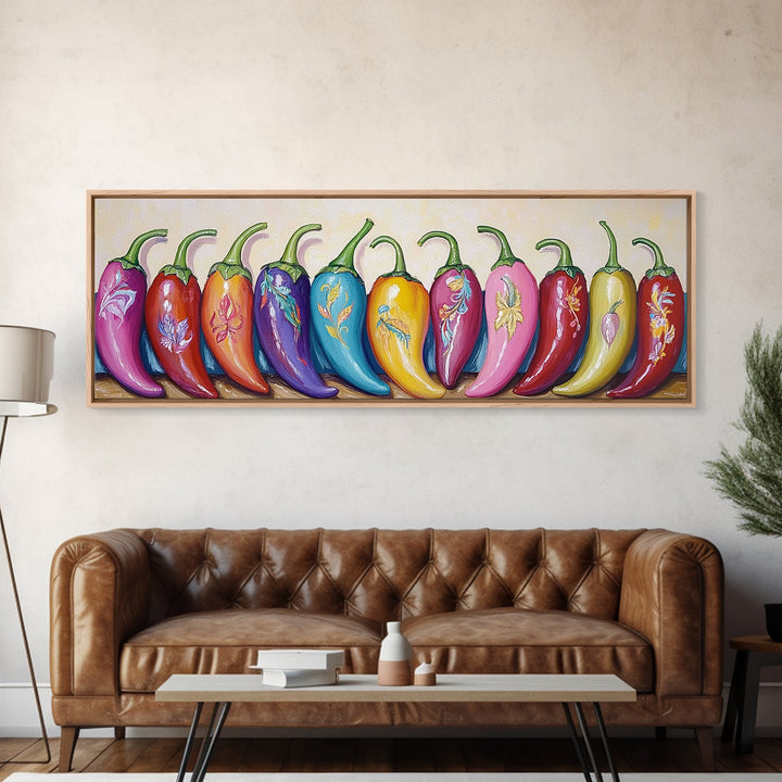 Bright Rainbow Chili Peppers Wall Art, Colorful Kitchen Decor, Southwestern Food Print, Dopamine Dining Room Canvas Gift