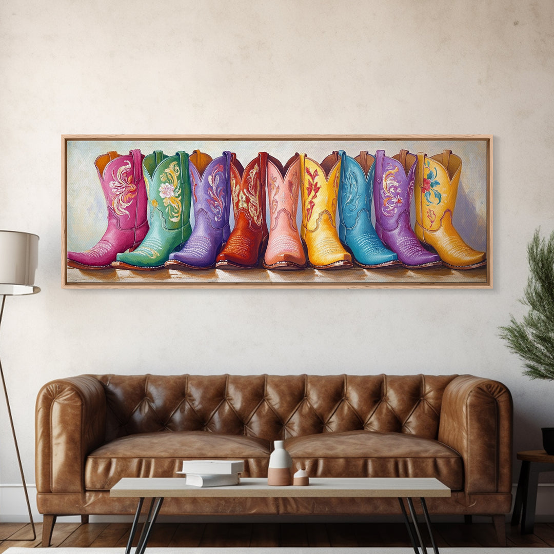 Pastel Floral Cowboy Boots Framed Canvas Print, Western Wall Art, Cowgirl Nursery Decor, Boho Bedroom Wall Decor Gift For Her