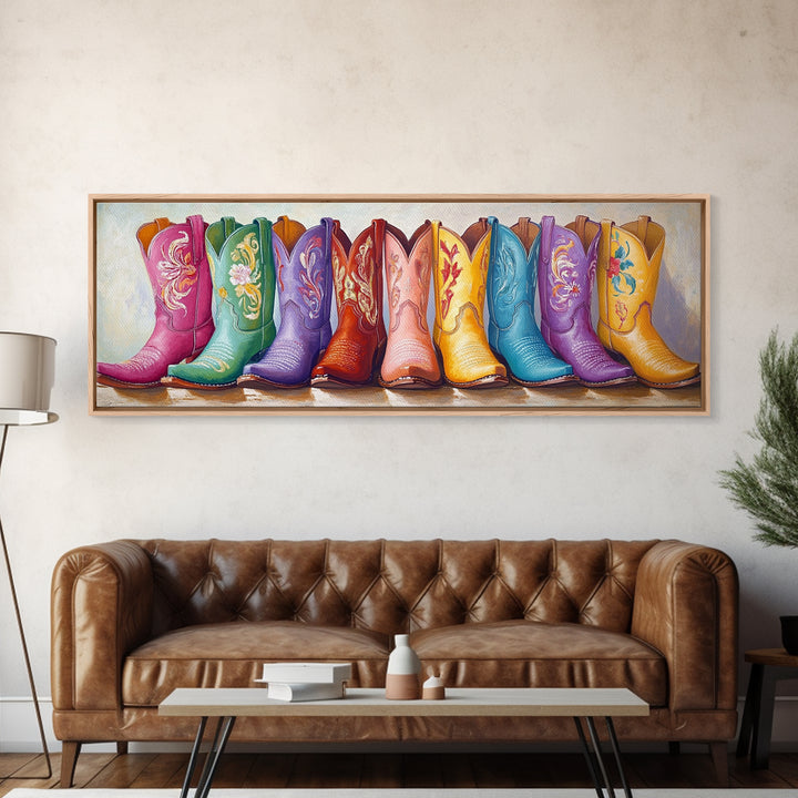 Pastel Floral Cowboy Boots Framed Canvas Print, Western Wall Art, Cowgirl Nursery Decor, Boho Bedroom Wall Decor Gift For Her