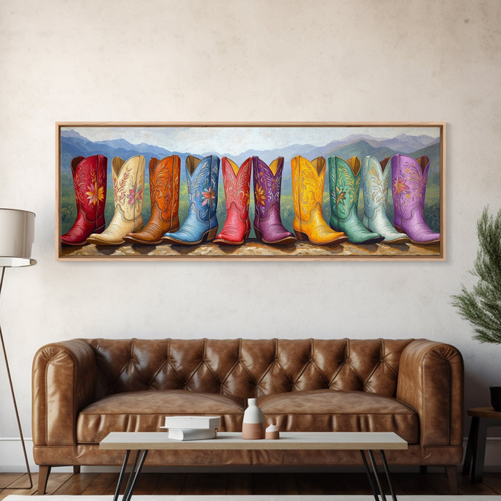Cowboy Boots With Mountain Landscape Canvas Print, Western Wall Art, Colorful Cowgirl Decor, Rustic Cabin Housewarming Gift