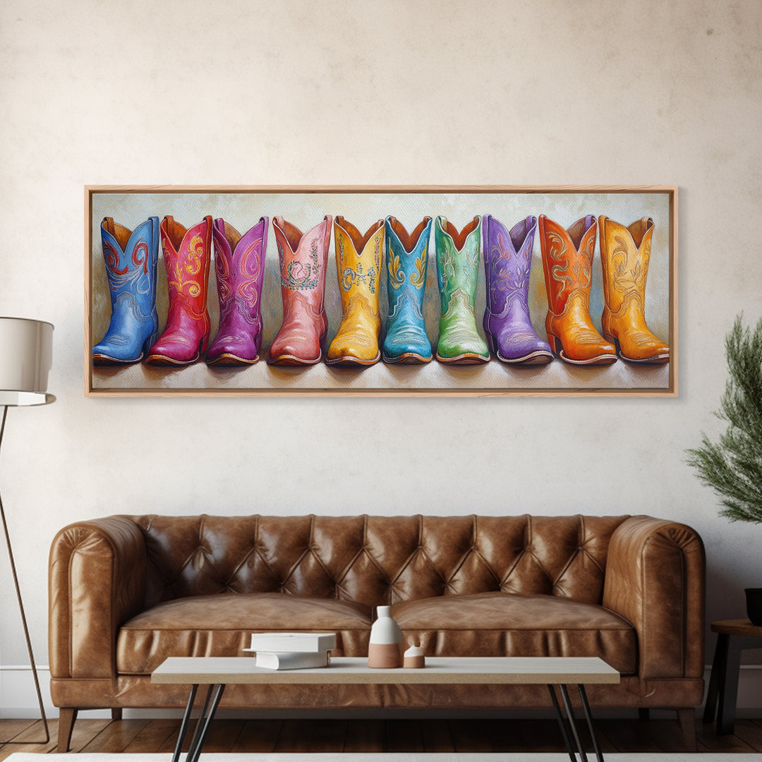 Bright Embroidered Cowboy Boots Canvas Print, Western Wall Art, Cowgirl Home Decor, Colorful Boho Bedroom Housewarming Gift