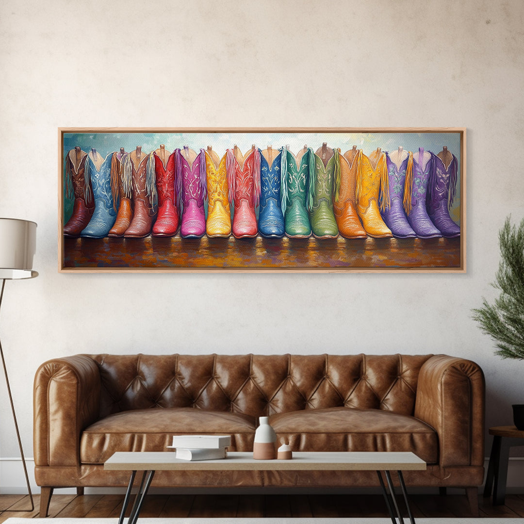 Panoramic Rainbow Cowboy Boots Wall Art, Long Horizontal Canvas Print For Western Decor, Cowgirl Ranch Home Accent Gift Idea
