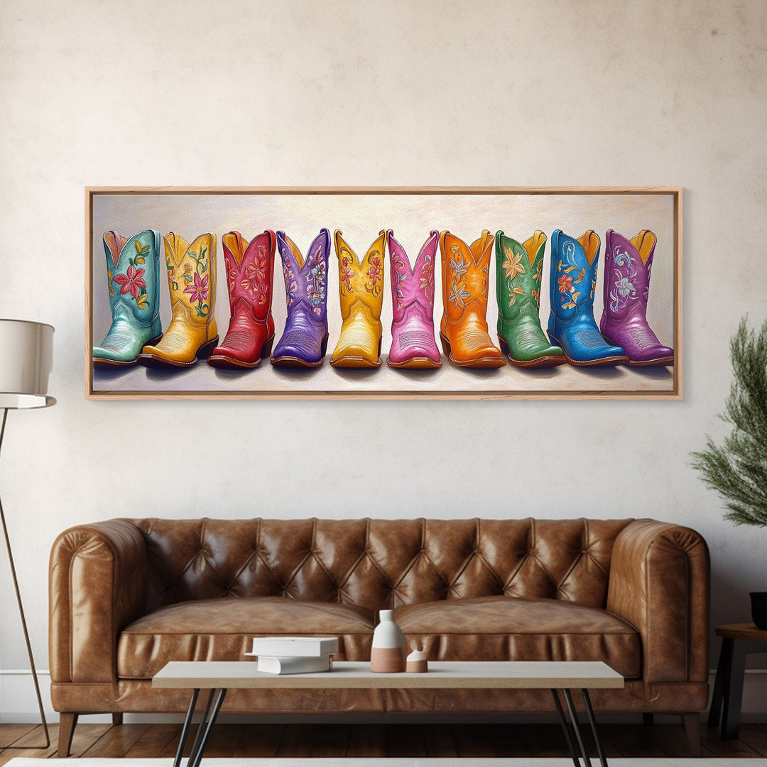 Pastel Embroidered Cowboy Boots Wall Art, Western Framed Canvas Print For Cowgirl Nursery Decor And Rustic Home Wall Decor