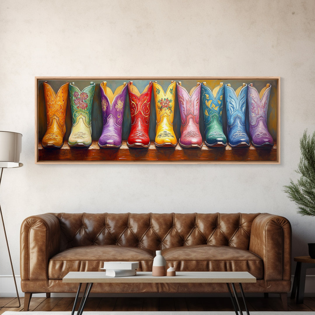 Glossy Embroidered Cowgirl Boots Canvas Print, Colorful Western Wall Art, Rodeo Room Decor, Boho Ranch Housewarming Gift Idea