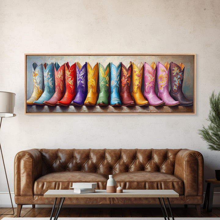 Tall Rainbow Cowboy Boots Wall Art, Western Decor, Colorful Cowgirl Canvas Print, Rustic Farmhouse Living Room Art Gift Idea