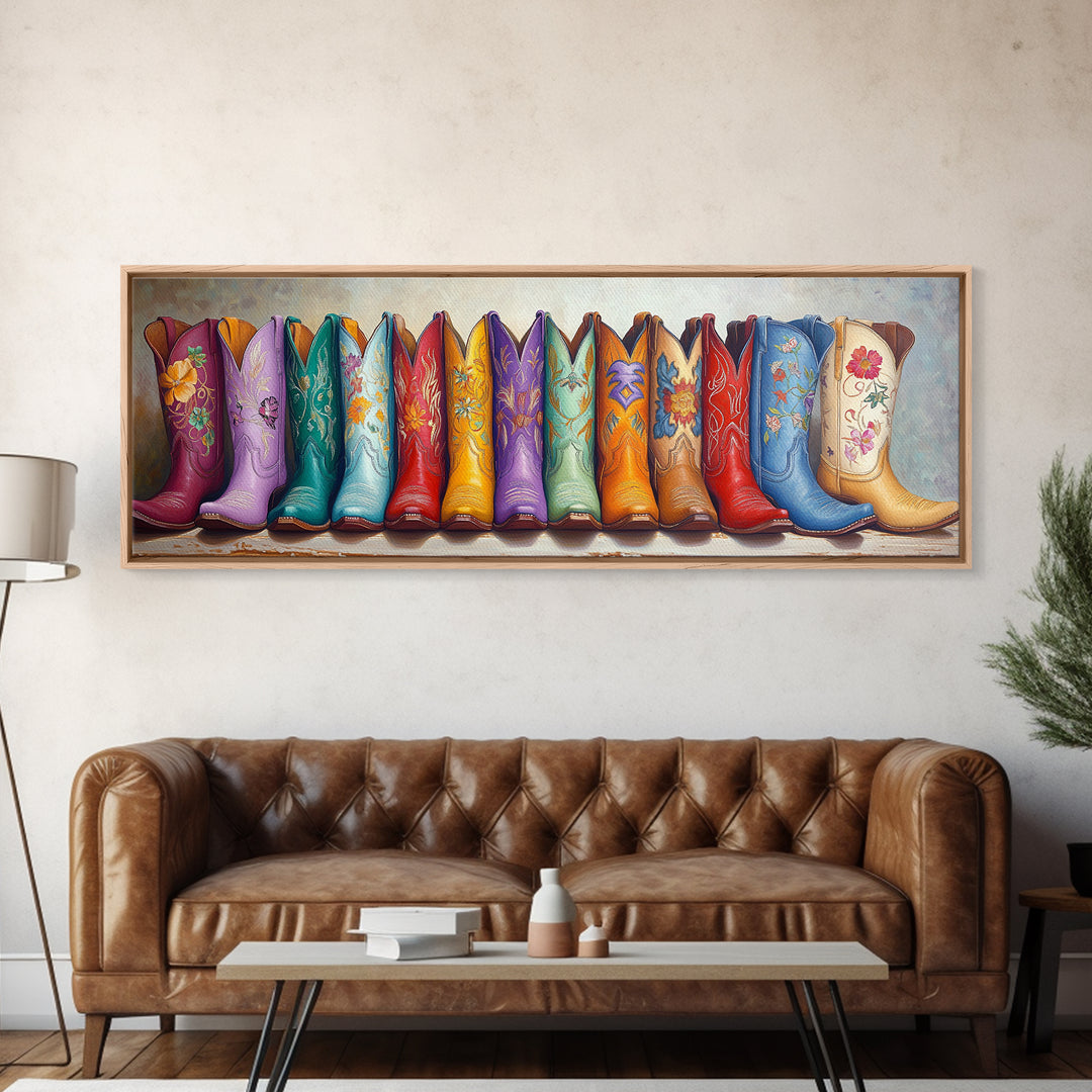 Colorful Embroidered Cowboy Boots Wall Art, Western Cowgirl Decor, Boho Ranch Living Room Print, Rustic Housewarming Gift