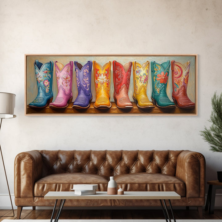Pastel Embroidered Cowboy Boots Framed Canvas Print, Western Cowgirl Wall Decor, Floral Ranch Art, Boho Housewarming Gift
