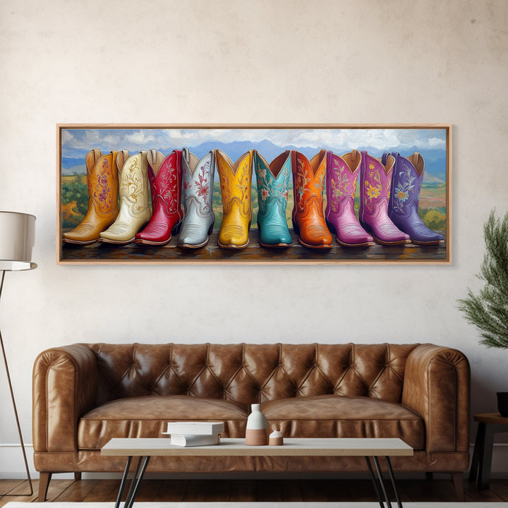 Mountain Row Cowboy Boots Wall Art, Western Cowgirl Decor, Southwestern Landscape Print, Rustic Ranch Housewarming Gift For Her