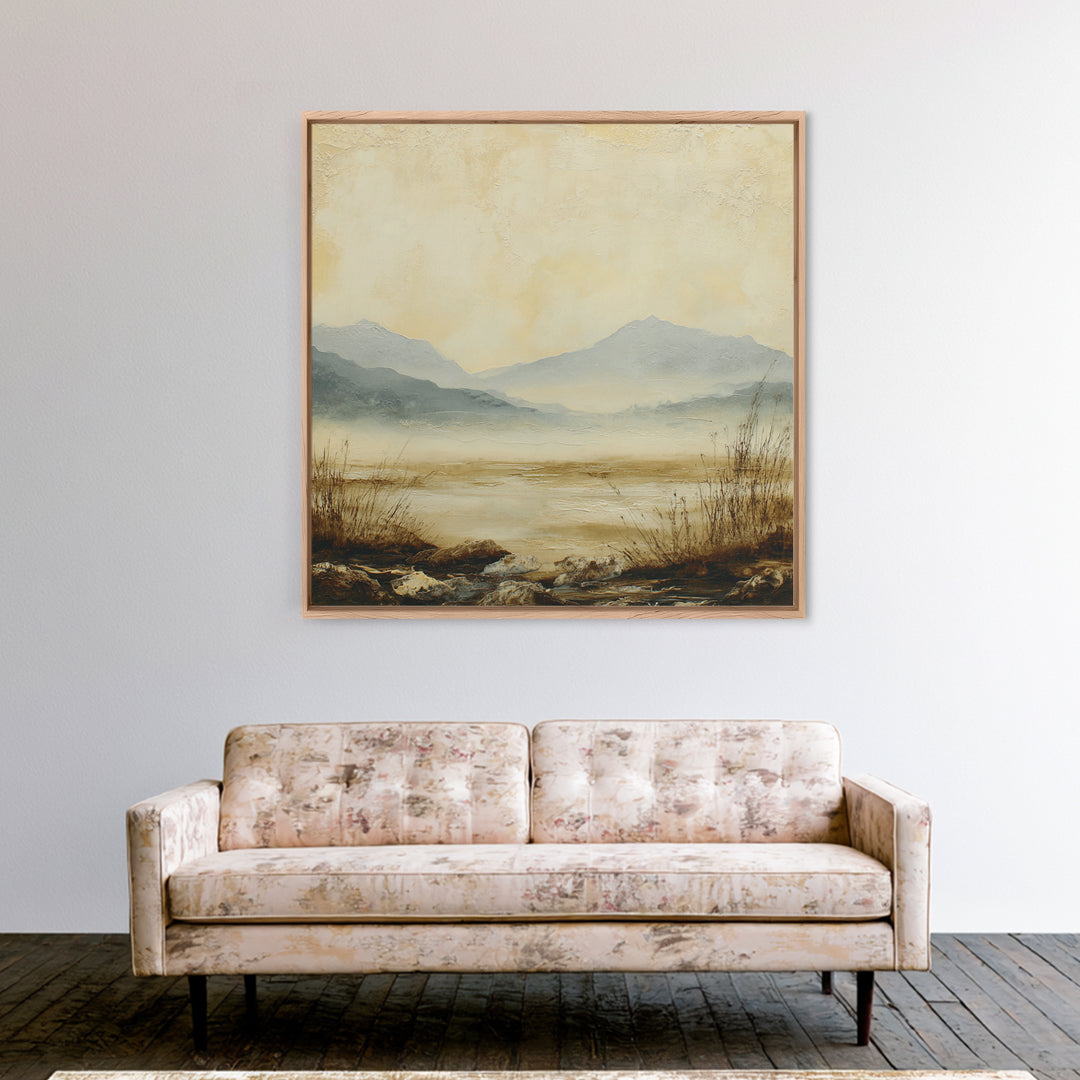 Panoramic Misty Mountain Landscape Framed Canvas Print, Above Bed Art, Bedroom Wall Art, Bedroom Decor, Fine Art, Serenity, ABA-1x1-1