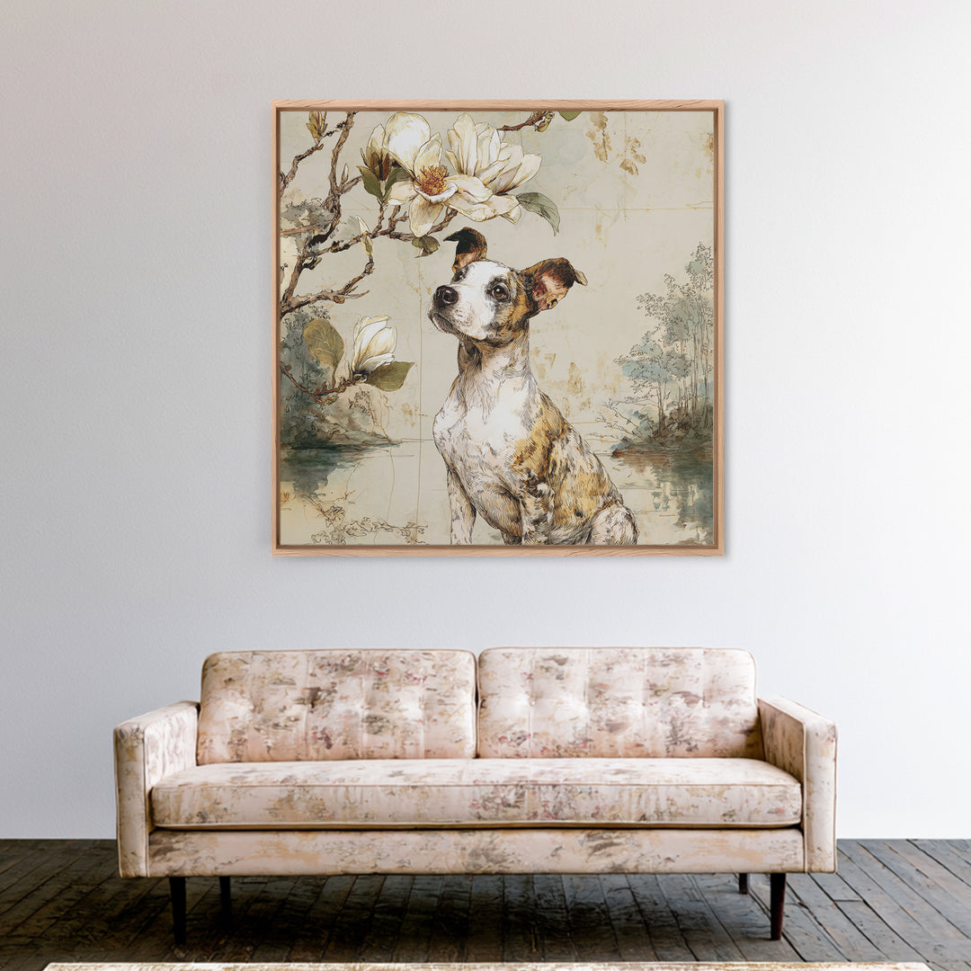 Delicate Magnolia Branch on Cream Background Framed Canvas Print, Above Bed Art, Living Room Decor, Bedroom Decor, Serenity, ABA-1x1-16