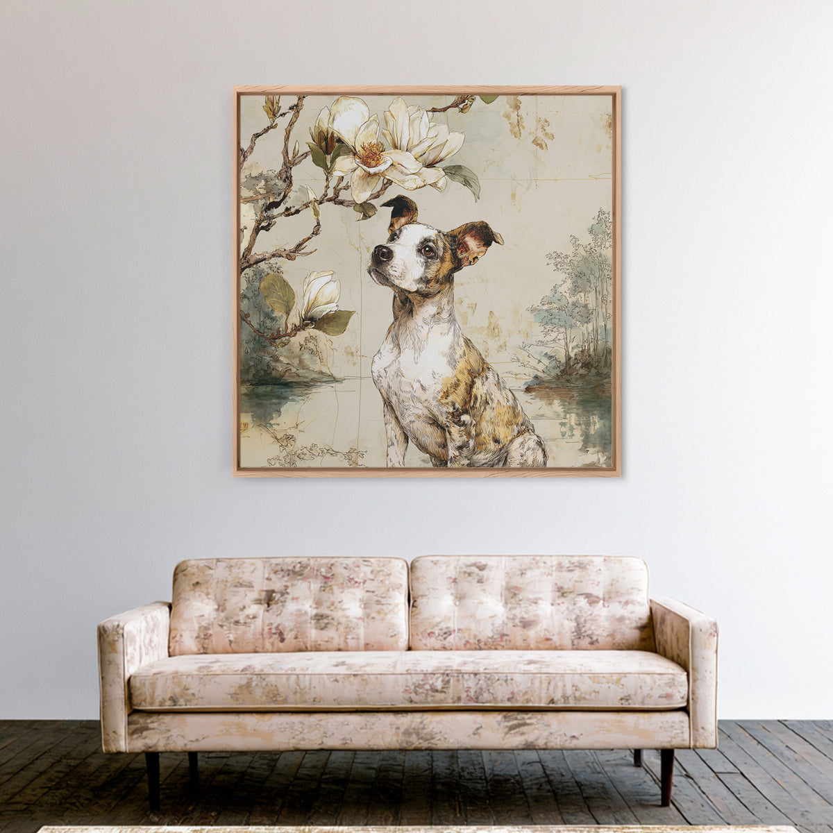 Delicate Magnolia Branch on Cream Background Framed Canvas Print, Above Bed Art, Living Room Decor, Bedroom Decor, Serenity, ABA-1x1-16