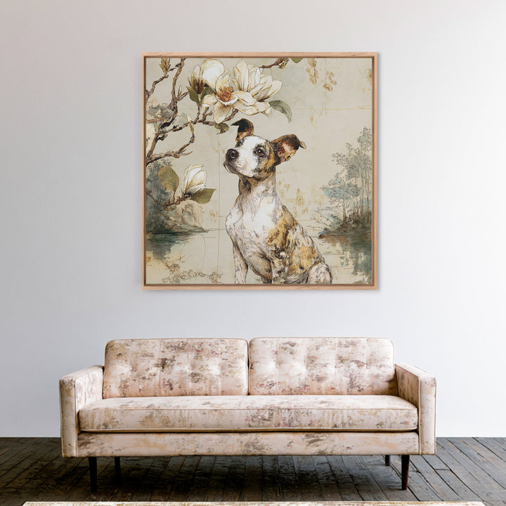 Delicate Magnolia Branch on Cream Background Framed Canvas Print, Above Bed Art, Living Room Decor, Bedroom Decor, Serenity, ABA-1x1-16
