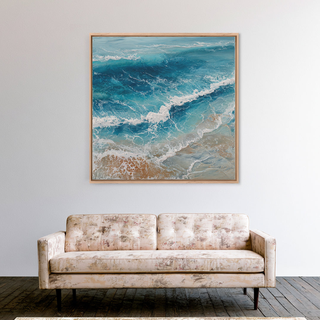Serene Ocean Tide Seen from Above Framed Canvas Print, Above Bed Art, Photography Prints, Bedroom Decor, Oil Painting, Serenity, ABA-1x1-21