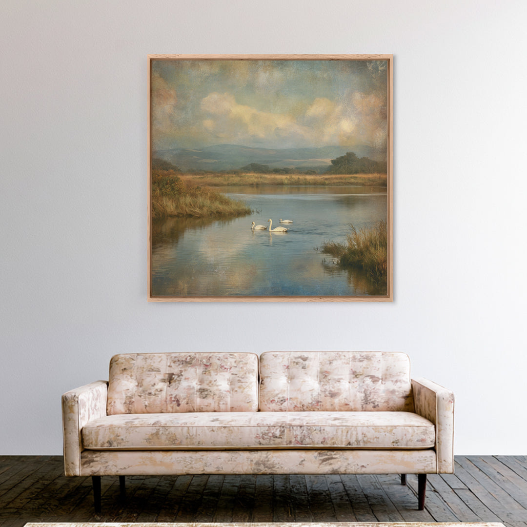 Paired Swans in a Dreamy Painterly Lake Canvas Print, Above Bed Art, Boho Wall Art, Bedroom Decor, Fine Art, Serenity, ABA-1x1-22