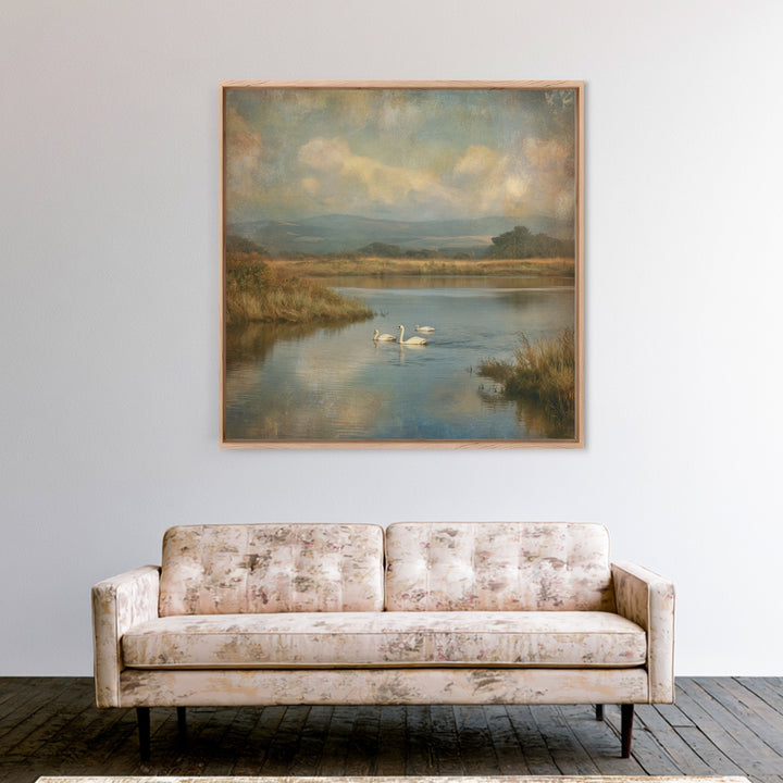 Paired Swans in a Dreamy Painterly Lake Canvas Print, Above Bed Art, Boho Wall Art, Bedroom Decor, Fine Art, Serenity, ABA-1x1-22