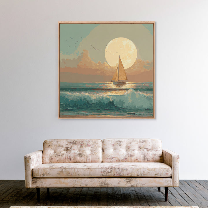 Quiet Moon over a Calm Ocean Horizon Framed Canvas Print, Above Bed Art, Living Room Decor, Bedroom Decor, Oil Painting, ABA-1x1-27