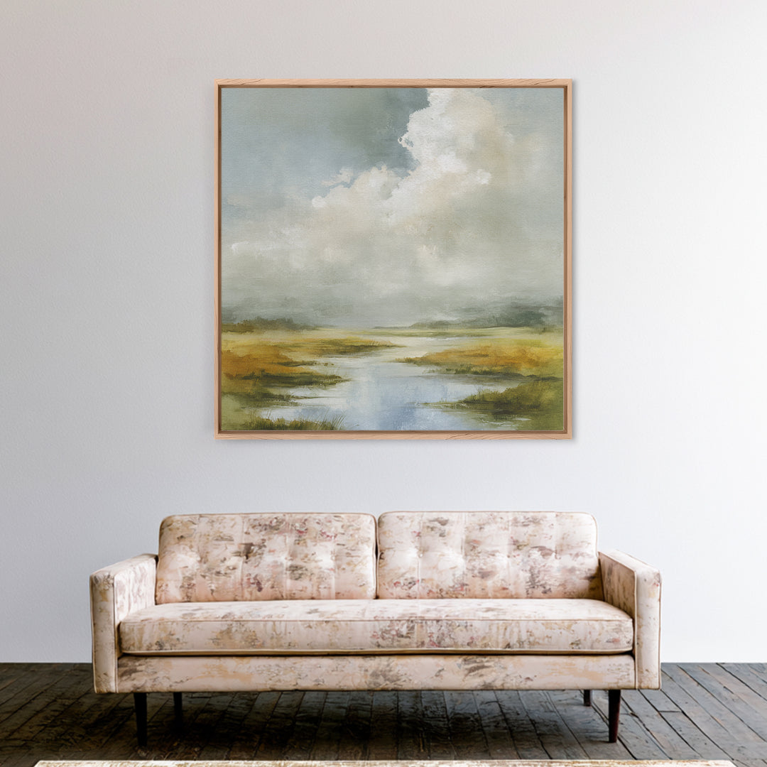 Tranquil Cloudscape with Blush Undertones Framed Canvas Print, Above Bed Art, Modern Decor, Bedroom Decor, Fine Art, Serenity, ABA-1x1-29