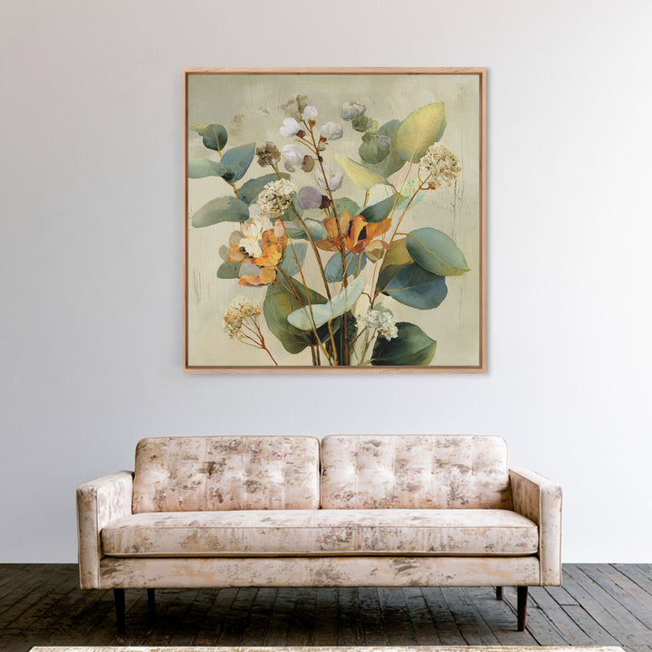 Soft Eucalyptus Branches Arranged Symmetrically Canvas Print, Above Bed Art, Living Room Wall Art, Bedroom Decor, Serenity, ABA-1x1-30