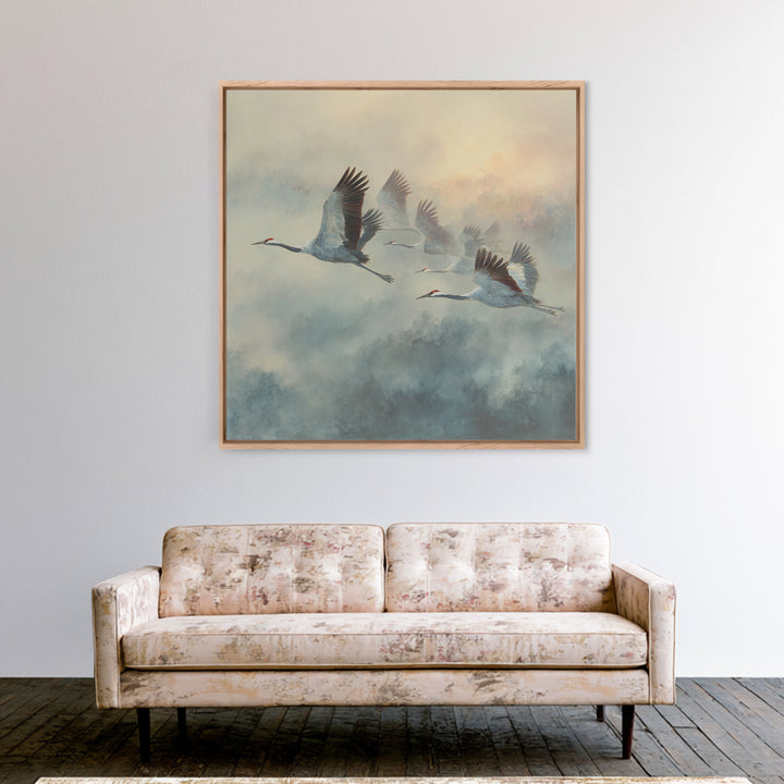 Ethereal Cranes Flying Through Pale Morning Mist Canvas Print, Above Bed Art, Fine Art Print, Bedroom Decor, Serenity, ABA-1x1-33