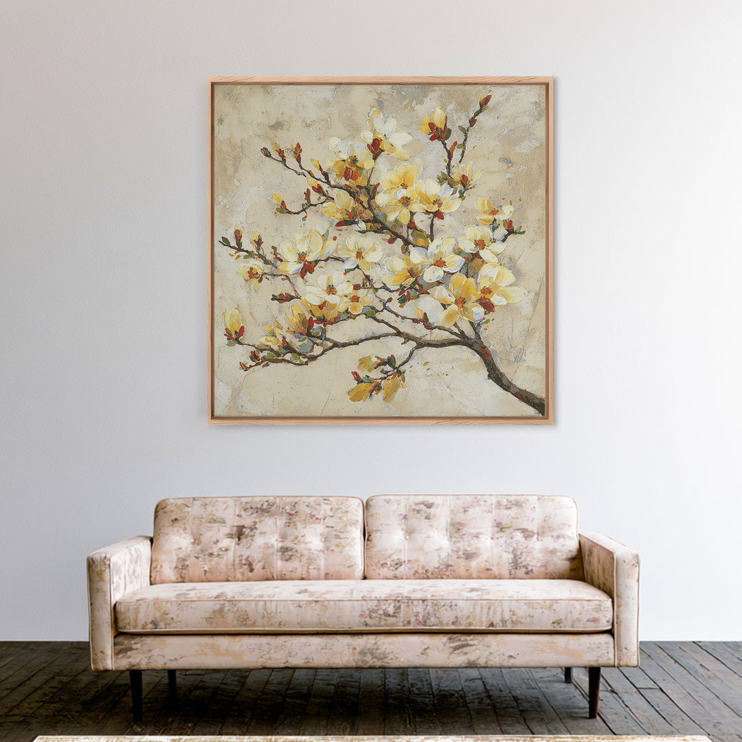 Delicate Magnolia Branch on Cream Background Framed Canvas Print, Above Bed Art, Bedroom Decor, Watercolor Art, Serenity, ABA-1x1-40