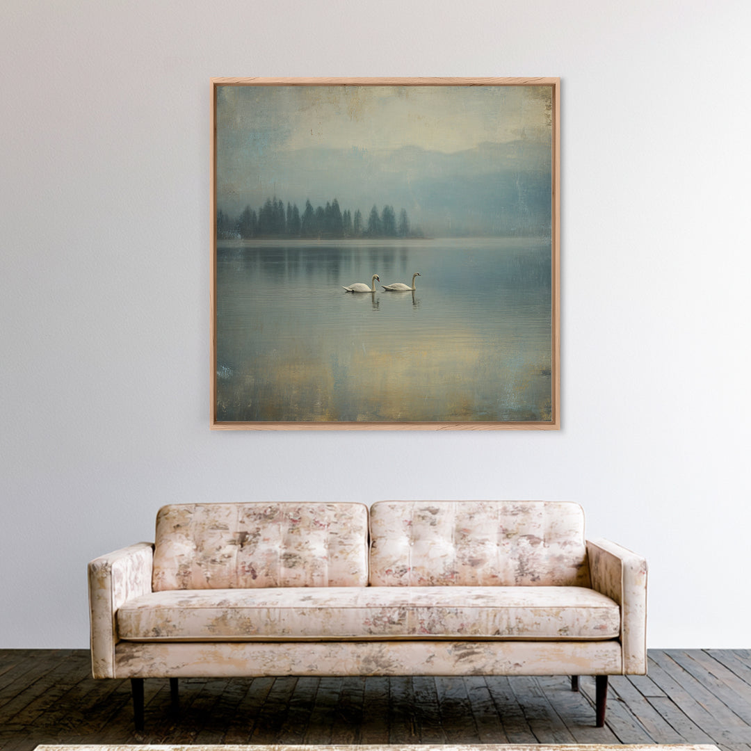 Paired Swans in a Dreamy Painterly Lake Framed Canvas Print, Above Bed Art, Boho Decor, Bedroom Decor, Oil Painting, Serenity, ABA-1x1-46