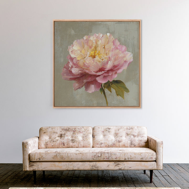 Romantic Oversized Peony Bloom on Warm Linen Canvas Print, Above Bed Art, Western Decor, Bedroom Decor, Abstract Art, Serenity, ABA-1x1-50