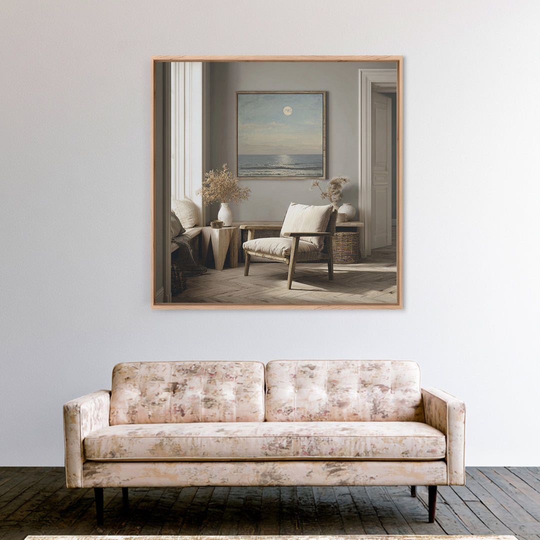 Quiet Moon over a Calm Ocean Horizon Framed Canvas Print, Above Bed Art, Bedroom Wall Art, Bedroom Decor, Fine Art, Serenity, ABA-1x1-51