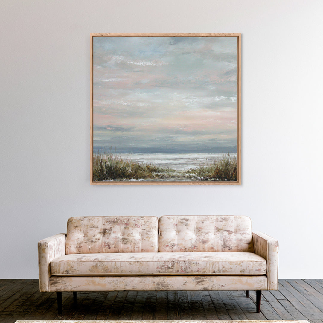 Tranquil Cloudscape with Blush Undertones Framed Canvas Print, Above Bed Art, Modern Decor, Bedroom Decor, Fine Art, Serenity, ABA-1x1-53