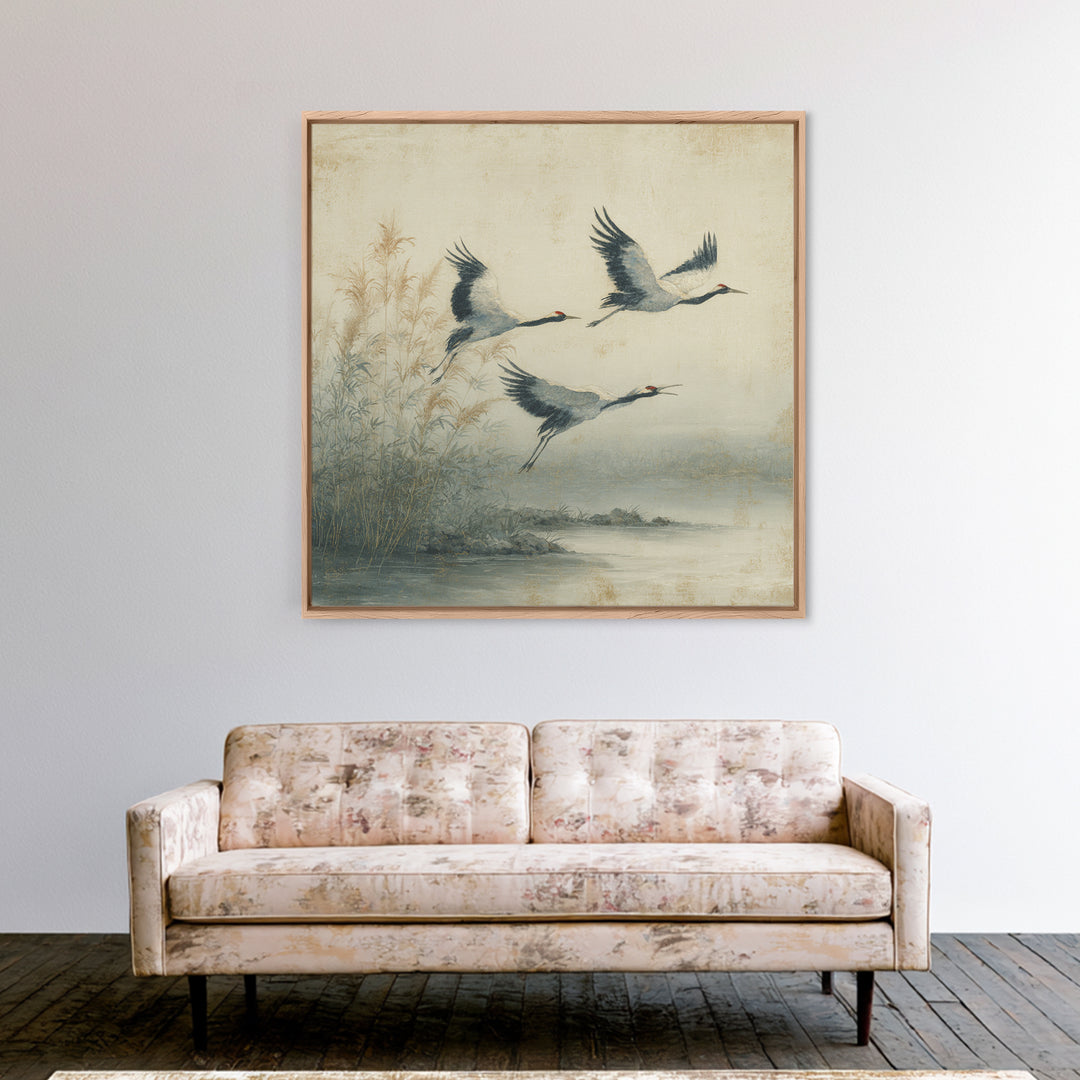 Ethereal Cranes Flying Through Pale Morning Mist Canvas Print, Above Bed Art, Fine Art Print, Bedroom Decor, Serenity, ABA-1x1-57