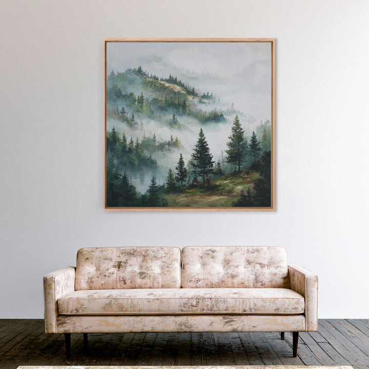 Quiet Forest Ridge Softened by Fog Framed Canvas Print, Above Bed Art, Bedroom Wall Art, Bedroom Decor, Fine Art, Serenity, ABA-1x1-62