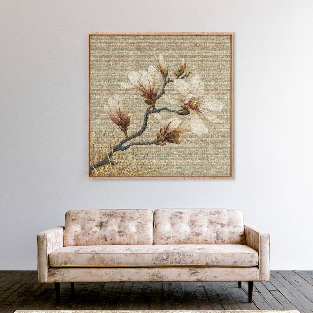 Delicate Magnolia Branch on Cream Background Framed Canvas Print, Above Bed Art, Boho Wall Art, Bedroom Decor, Watercolor Art, ABA-1x1-64