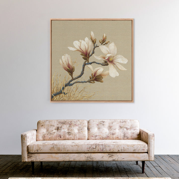 Delicate Magnolia Branch on Cream Background Framed Canvas Print, Above Bed Art, Boho Wall Art, Bedroom Decor, Watercolor Art, ABA-1x1-64