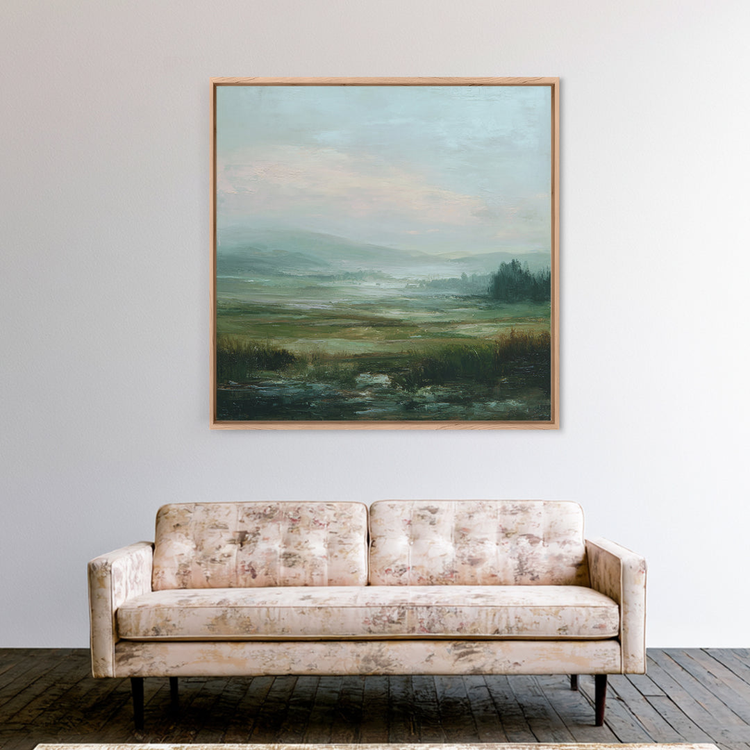 Soft Romantic Landscape Framed Canvas Print, Above Bed Art, Home Decor, Bedroom Decor, Oil Painting, Serenity, Contemporary Art, ABA-1x1-65