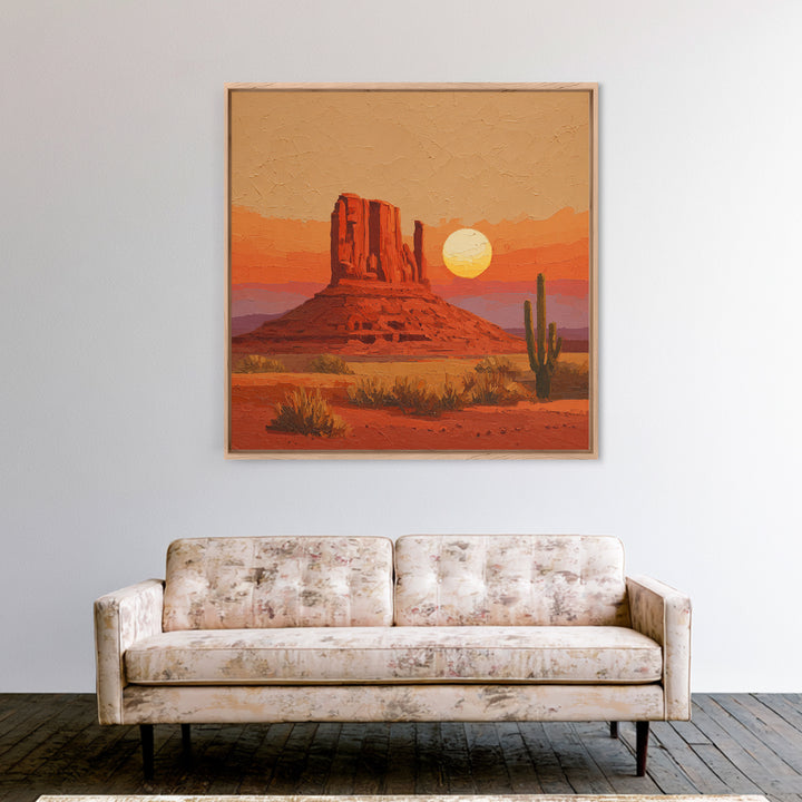 Dreamy Desert Sunset Framed Canvas Print, Above Bed Art, Bedroom Decor, Oil Painting, Serenity, Boho Decor, Western Decor, ABA-1x1-7