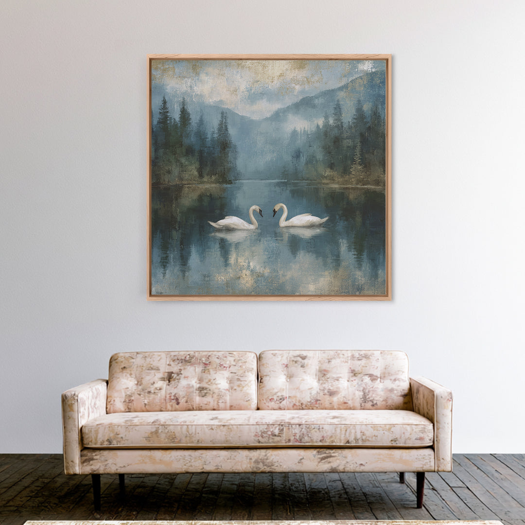 Paired Swans in a Dreamy Painterly Lake Framed Canvas Print, Above Bed Art, Boho Decor, Bedroom Decor, Oil Painting, Serenity, ABA-1x1-70