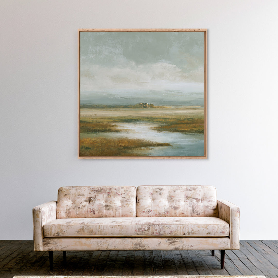 Soft Alpine Horizon Framed Canvas Print, Above Bed Art, Living Room Wall Art, Bedroom Decor, Fine Art, Serenity, Luxury Decor, ABA-1x1-72