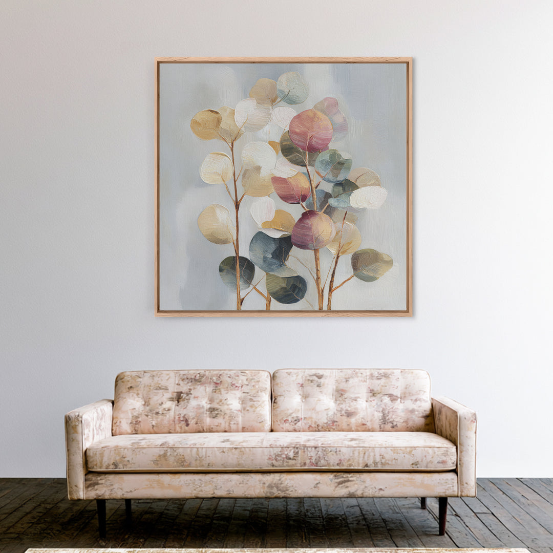 Soft Eucalyptus Branches Arranged Symmetrically Framed Canvas Print, Above Bed Art, Home Decor, Bedroom Decor, Serenity, ABA-1x1-78