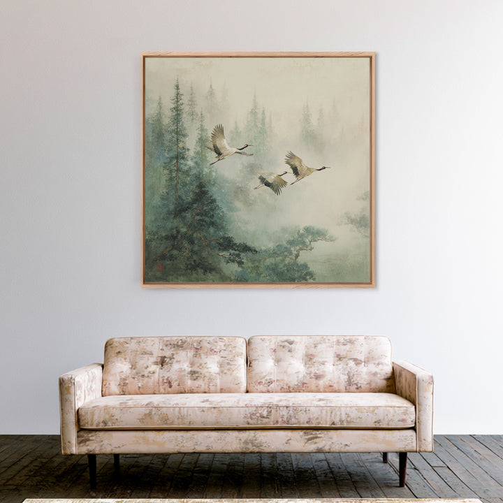 Ethereal Cranes Flying Through Pale Morning Mist Canvas Print, Above Bed Art, Textured Painting, Bedroom Decor, Serenity, ABA-1x1-81