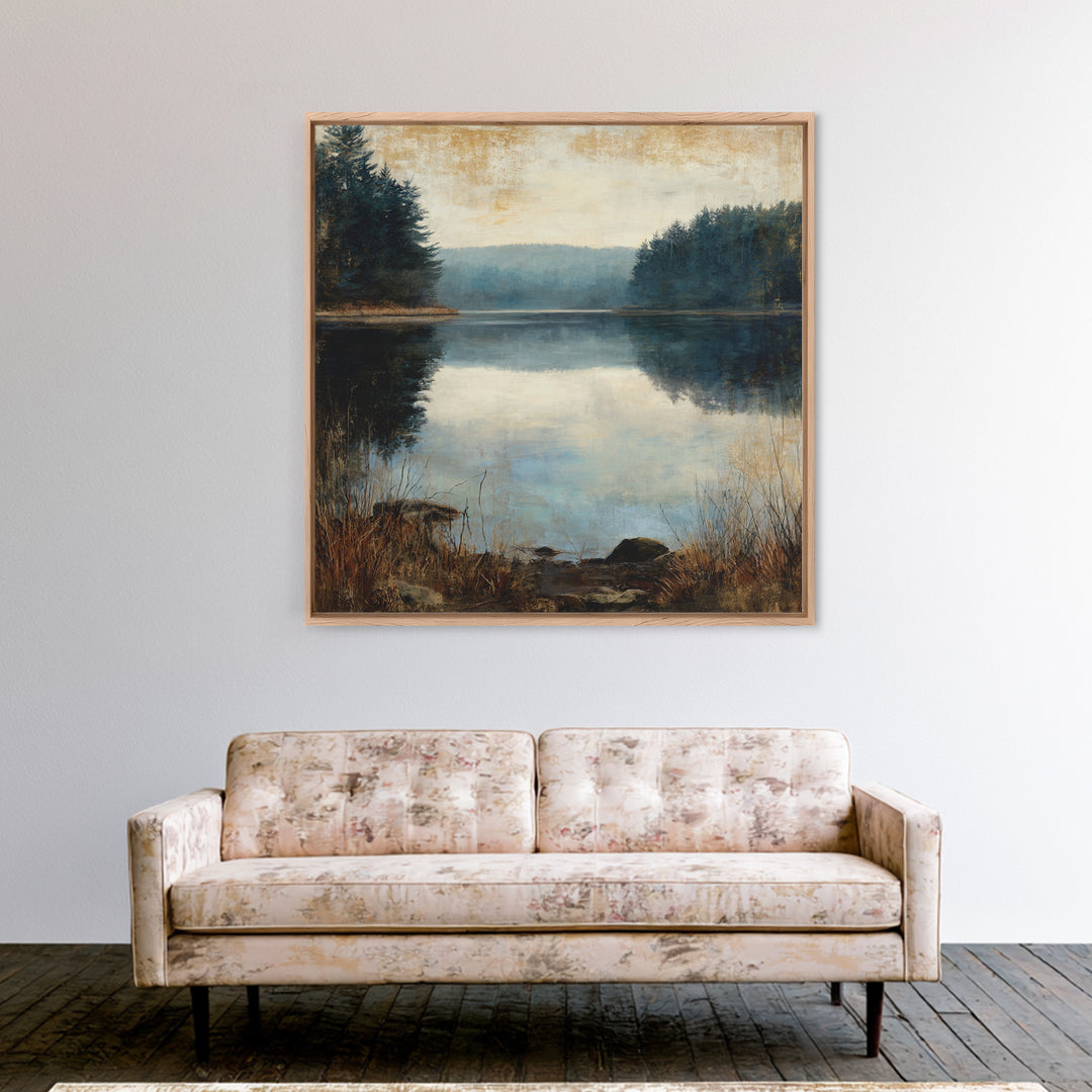 Calming Lake Reflection Framed Canvas Print, Above Bed Art, Fine Art Print, Bedroom Decor, Oil Painting, Serenity, Digital Art, ABA-1x1-83