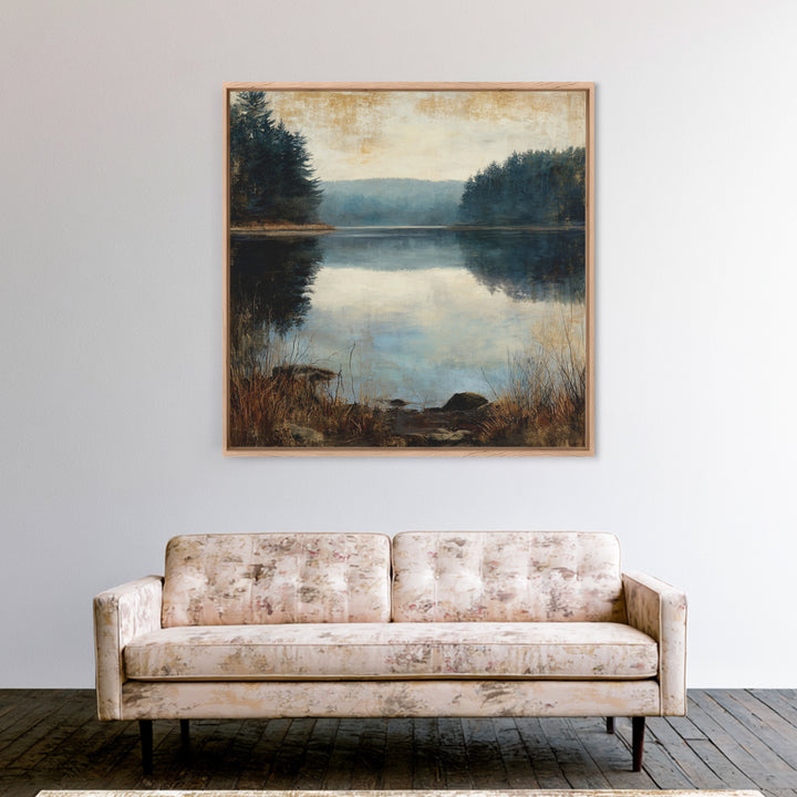 Calming Lake Reflection Framed Canvas Print, Above Bed Art, Fine Art Print, Bedroom Decor, Oil Painting, Serenity, Digital Art, ABA-1x1-83