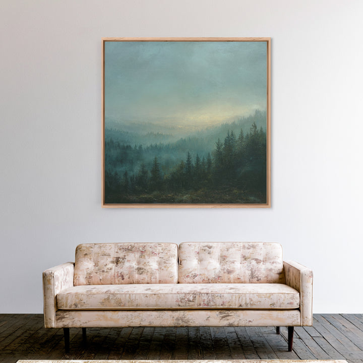 Quiet Forest Ridge Softened by Fog Canvas Print, Above Bed Art, Neutral Decor, Bedroom Decor, Oil Painting, Serenity, ABA-1x1-86