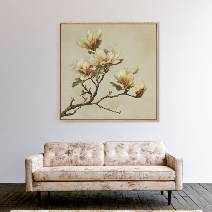 Delicate Magnolia Branch on Cream Background Canvas Print, Above Bed Art, Textured Painting, Bedroom Decor, Serenity, ABA-1x1-88