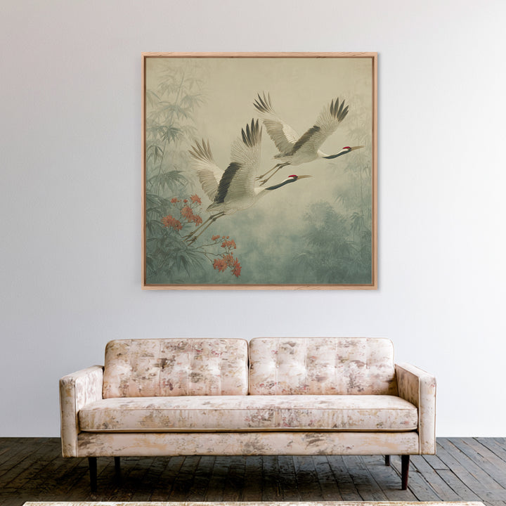 Ethereal Cranes Flying Through Pale Morning Mist Canvas Print, Above Bed Art, Bedroom Wall Decor, Bedroom Decor, Serenity, ABA-1x1-9