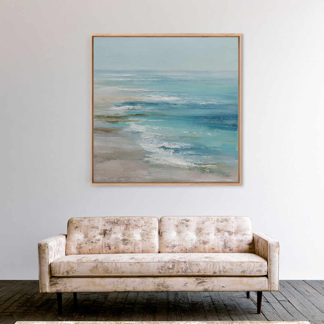 Serene Ocean Tide Seen from Above Framed Canvas Print, Above Bed Art, Luxury Decor, Bedroom Decor, Fine Art, Serenity, ABA-1x1-93