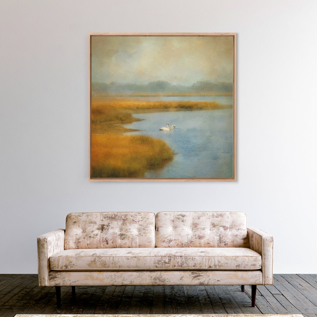 Paired Swans in a Dreamy Painterly Lake Canvas Print, Above Bed Art, Bedroom Wall Decor, Bedroom Decor, Fine Art, Serenity, ABA-1x1-94